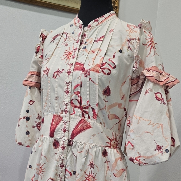 Marchesa Rosa Parker Midi Dress Button Down Puff Sleeve Cream Red Sz 8 - Picture 11 of 15